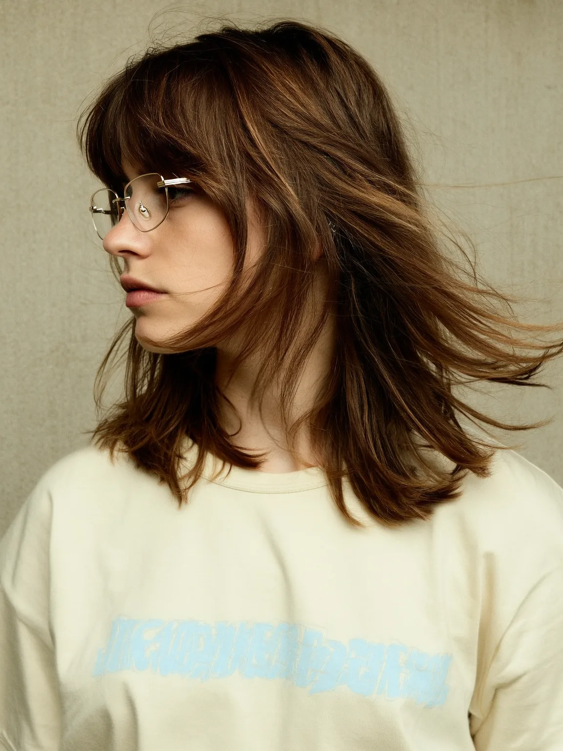 Layered Shag with Textured Waves in Warm Chestnut Brown